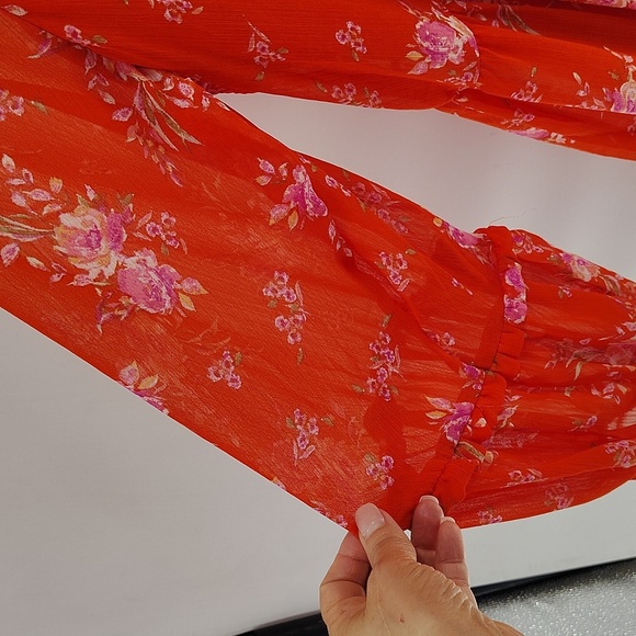 Vince Camuto Orange Floral Dress Size XL Sheer Long Sleeve Flowy V Neck Tiered - Picture 6 of 12